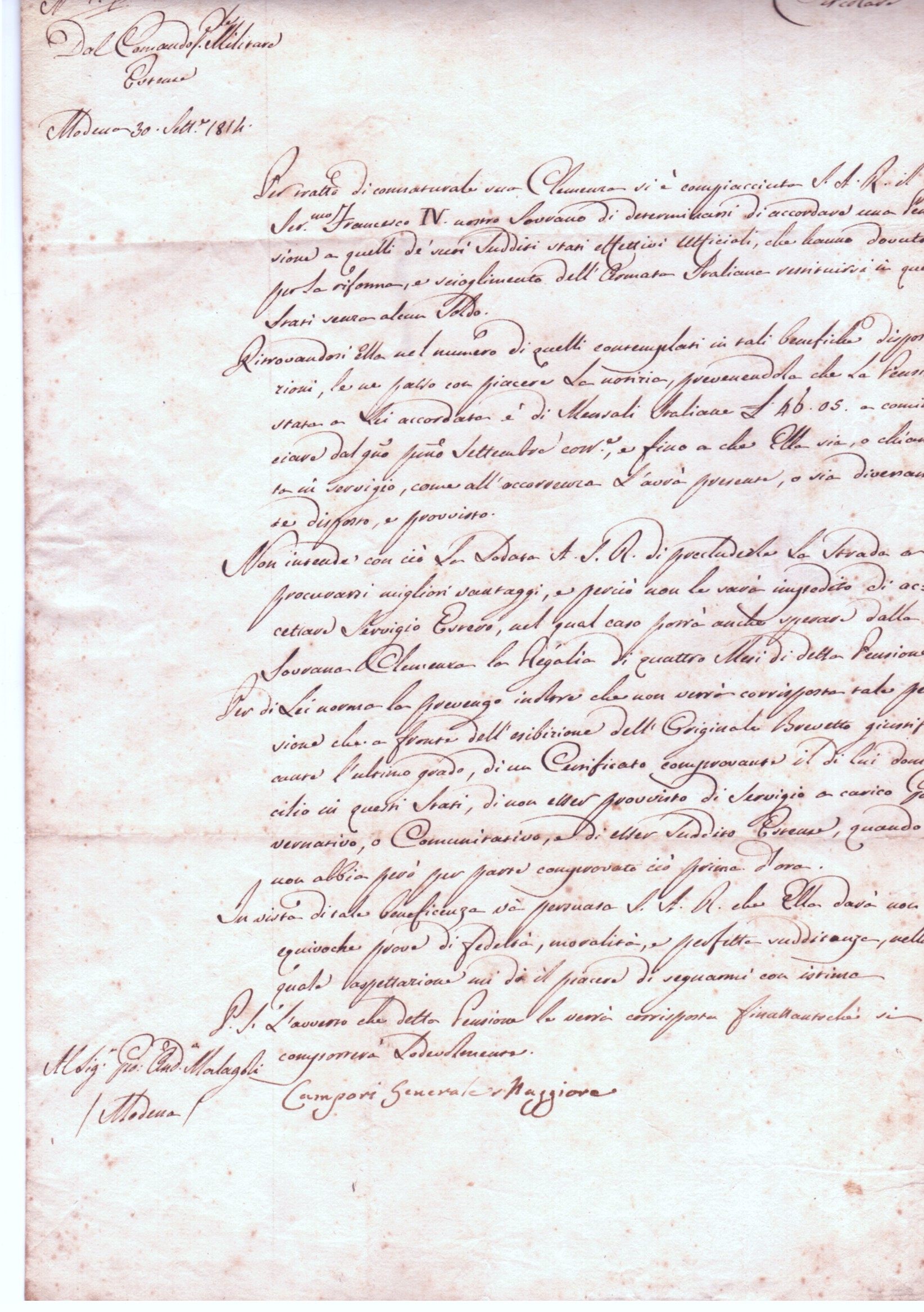 (Major-General in the Estensian (Modenese) Army) — Sophie Dupré Autographs