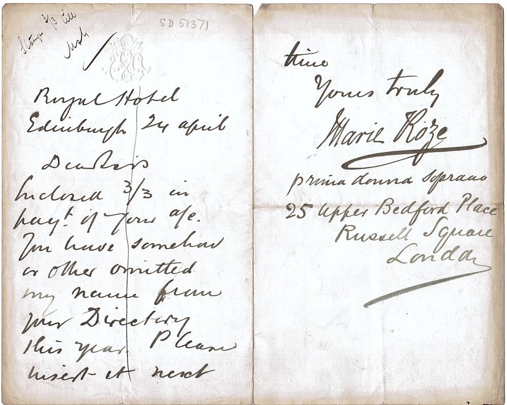 (Marie, 1846-1926, French Soprano) — Sophie Dupré Autographs