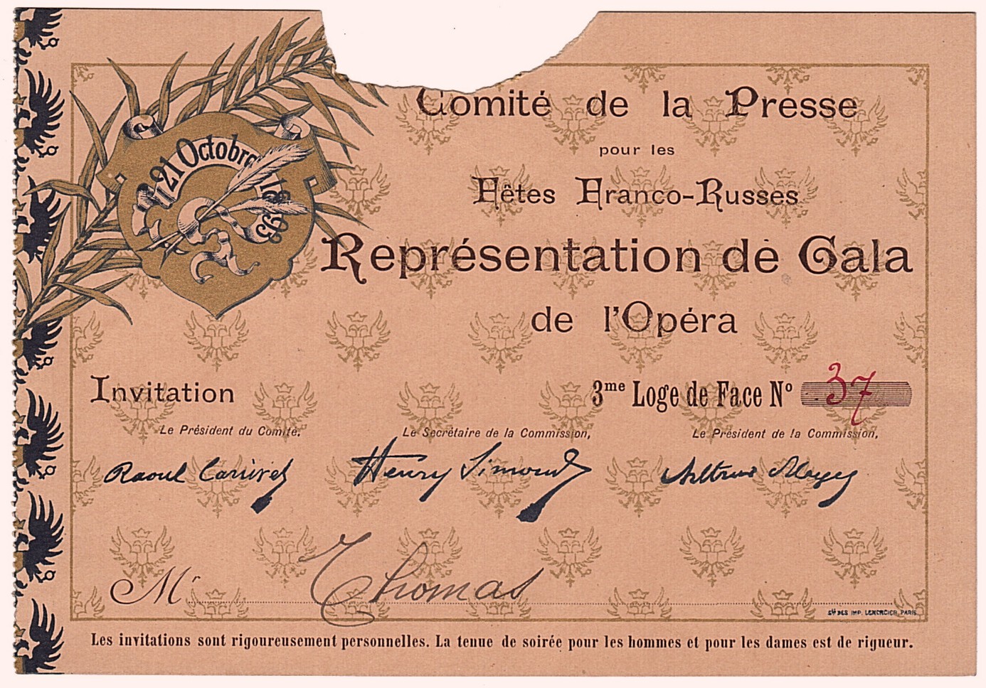 Decorative Ticket for the Gala at the Opéra, — Sophie Dupré Autographs
