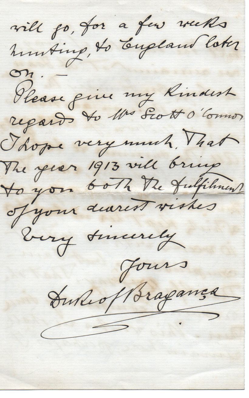 BRAGANÇA — Autograph Letter Signed in English to the travel writer V.C. Scott O'Connor, | Sophie Dupré Autographs