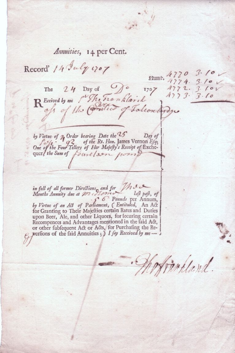 (Sir Thomas, c. 1665-1726, M.P., Commissioner of the Exchequer, 1689, Joint Postmaster General, 1690-1715, Commissioner of the Customs 1715-1718, 2nd Bart.) — Sophie Dupré Autographs