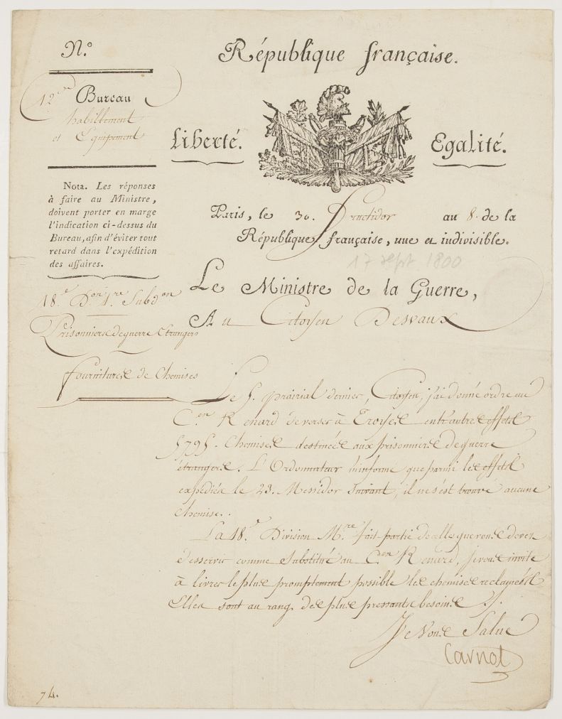 (Lazare Nicolas Marguerite, 1753-1823, French Military Engineer and Minister for War, the 'Organiser of Victory' in 1794) — Sophie Dupré Autographs