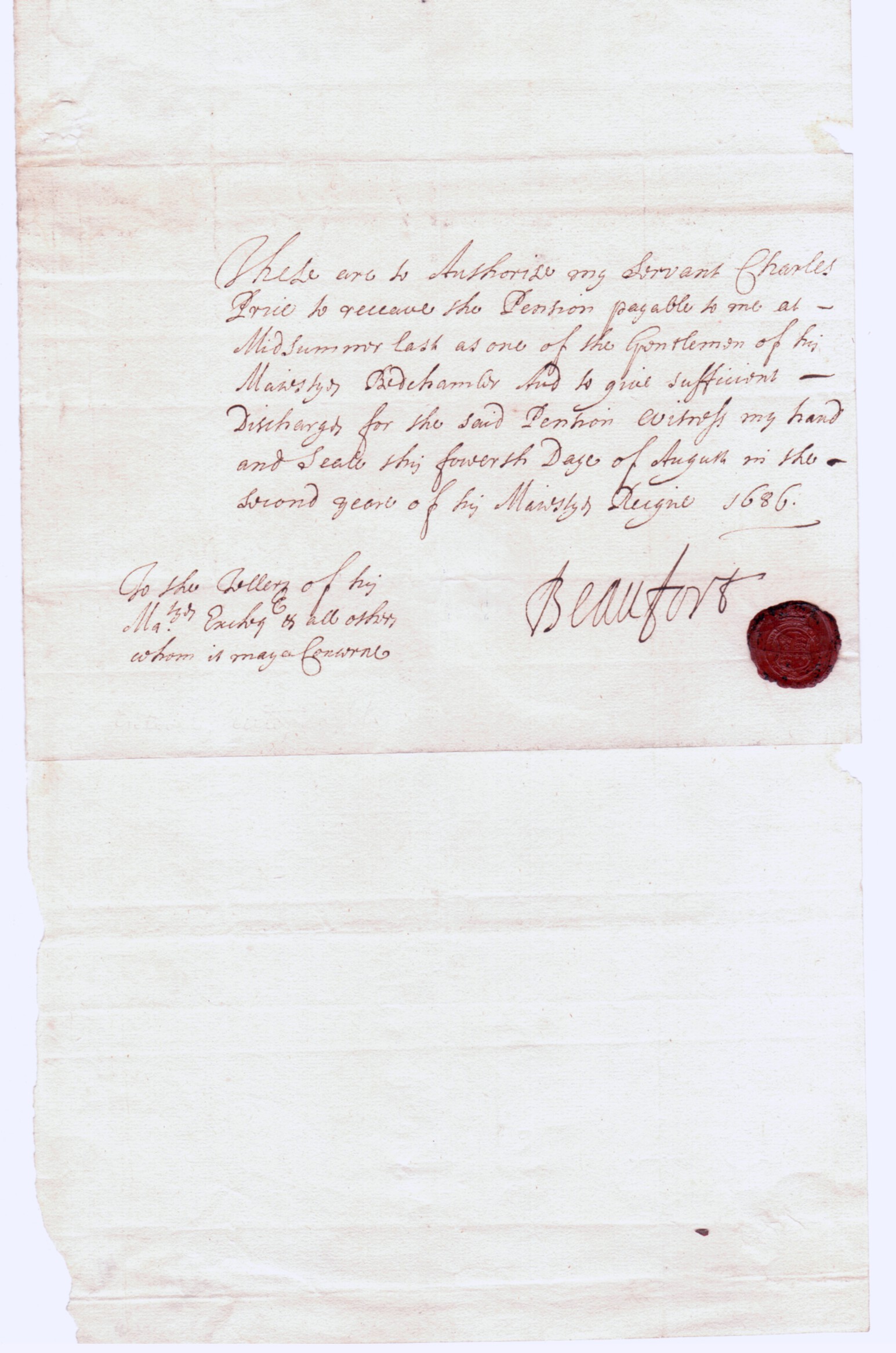 (Henry Somerset, 1629-1700, K.G., 3rd Marquis of Worcester, from 1682 1st Duke) — Sophie Dupré Autographs