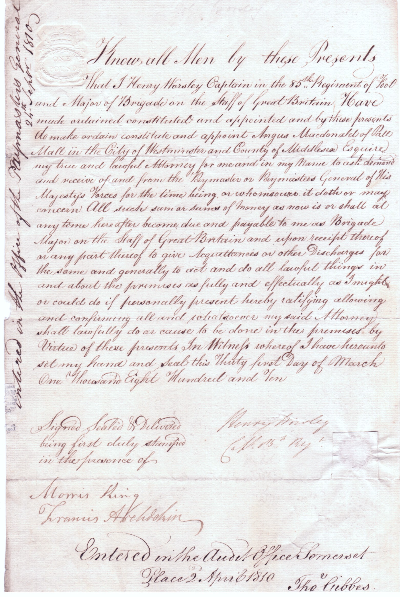(Henry, 1783-1820, Captain 85th Foot, Brigade Major on the Staff of Great Britain, Lt.-Colonel 1813) — Sophie Dupré Autographs