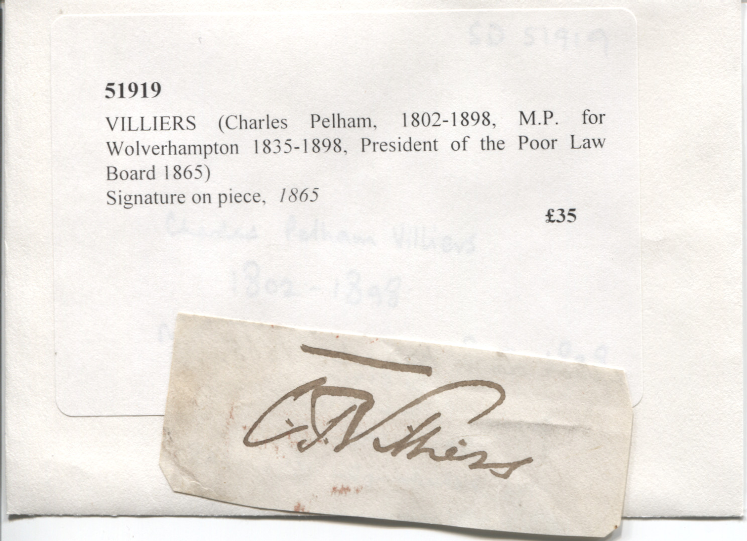 (Charles Pelham, 1802-1898, M.P. for Wolverhampton 1835-1898, President of the Poor Law Board 1865) — Sophie Dupré Autographs