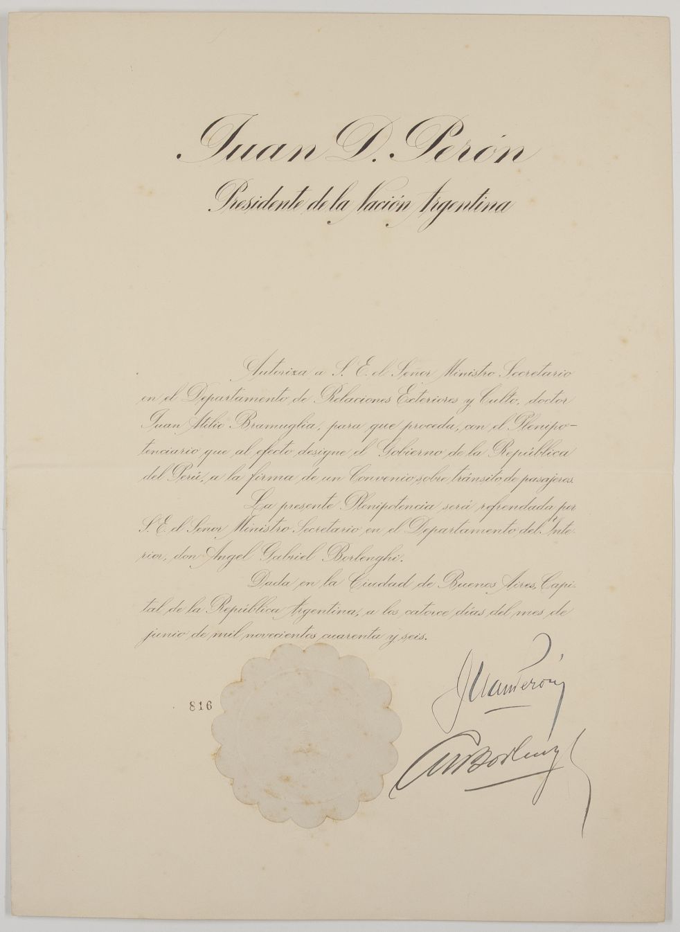 (Juan Domingo, 1895-1974, President of Argentina 1946-1955 and 1973-1974) — Sophie Dupré Autographs