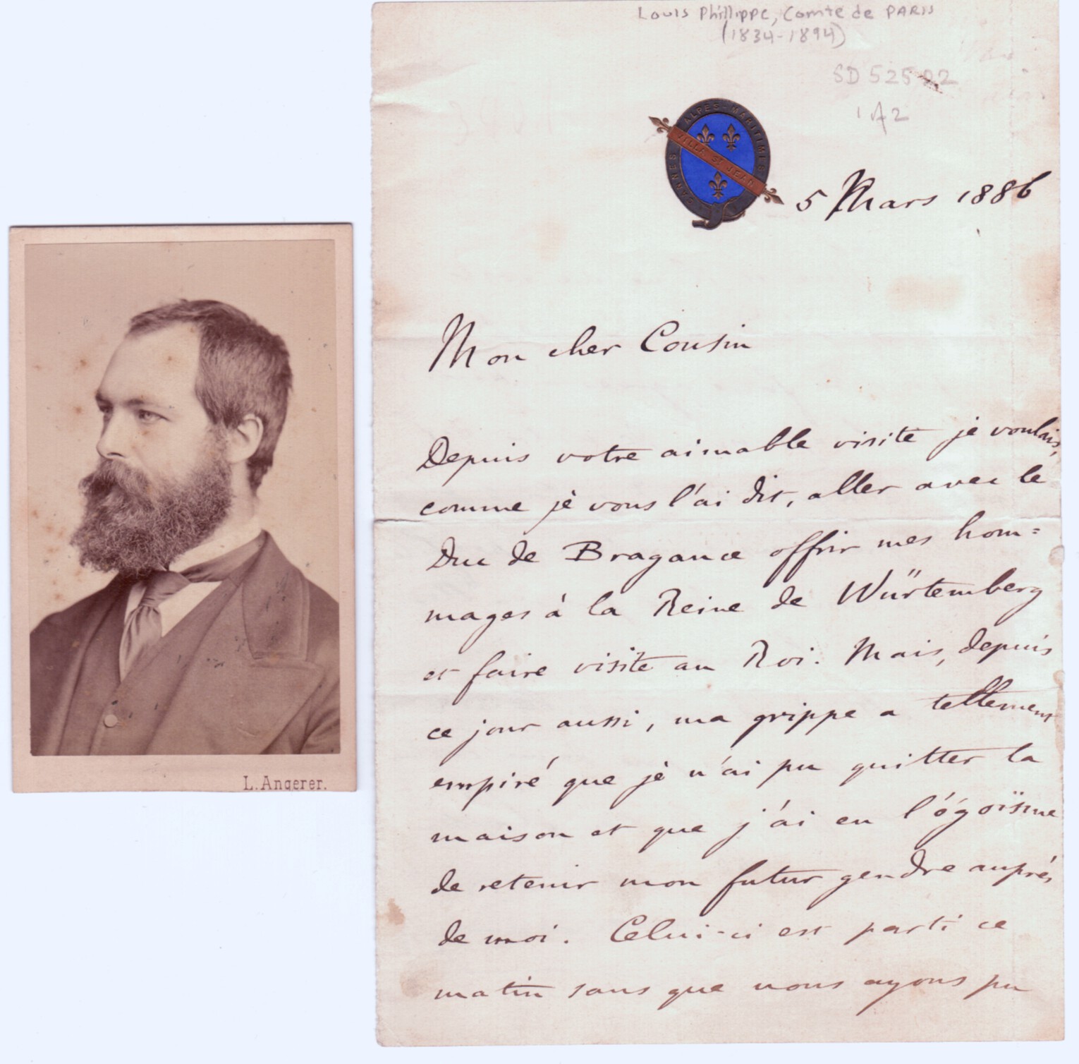 (Comte de Paris, 1838-1894, Prince Royal after the death of his father Ferdinand in 1842 from a carriage accident and King of the French after his Grandfather's abdication in 1848) — Sophie Dupré Autographs