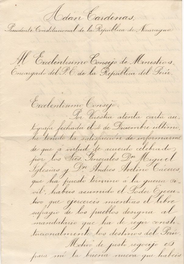 (Adán, 1836-1916, President of Nicaragua 1883-1887) — Sophie Dupré Autographs