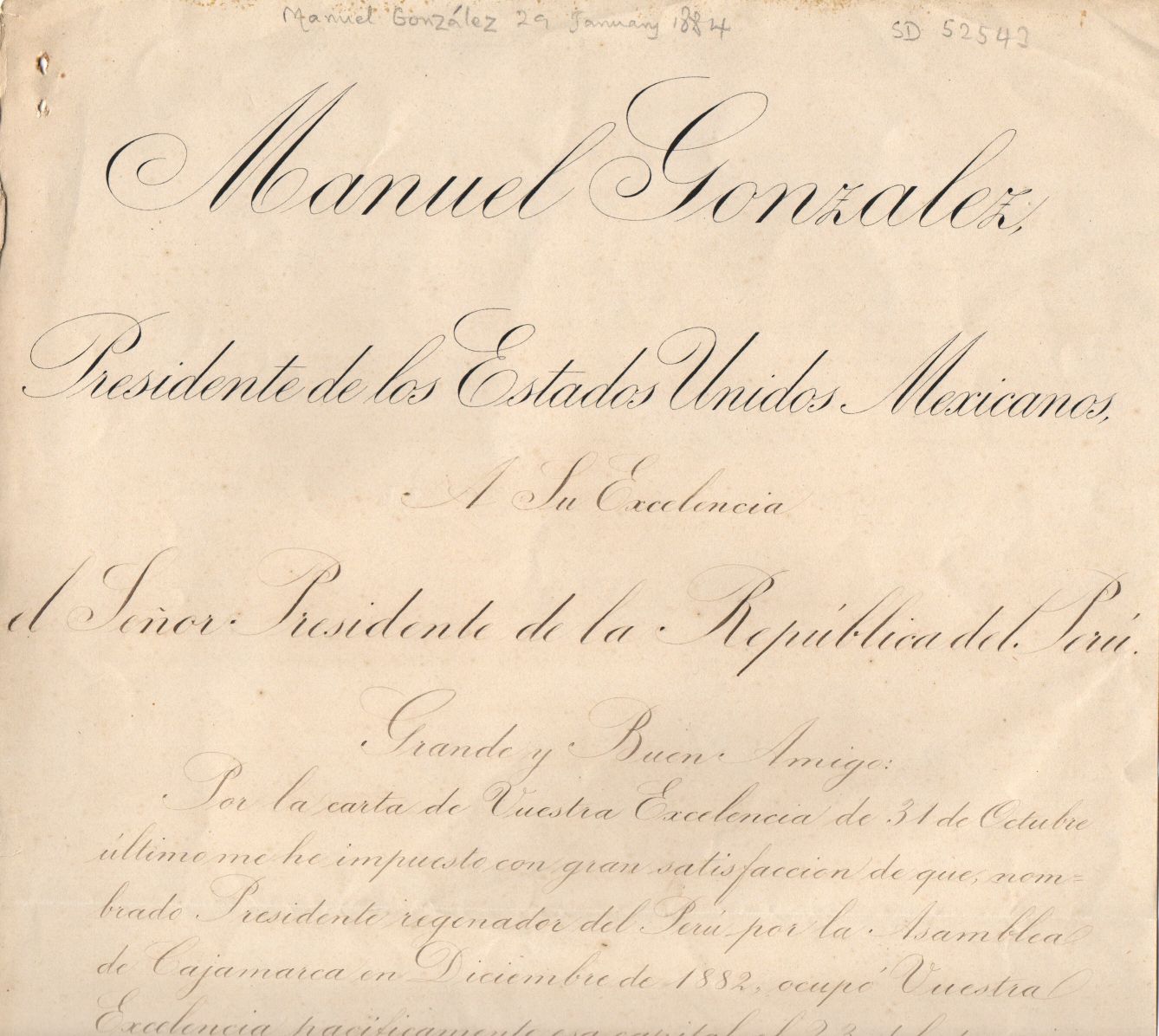 (Manuel, 1833-1893, President of Mexico 1880-1884) — Sophie Dupré Autographs