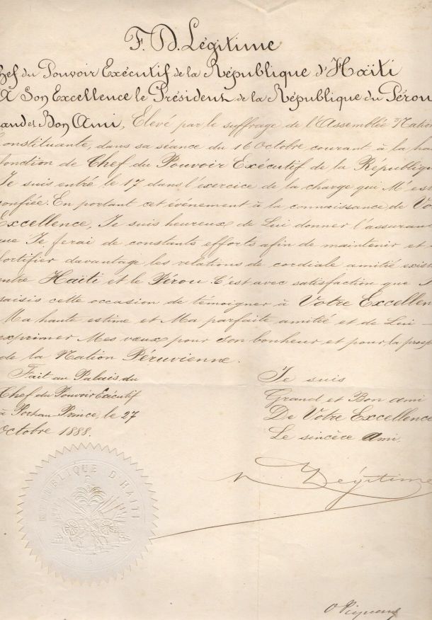 (François Denis, 1833-1905, President of Haiti 1888-1889) — Sophie Dupré Autographs