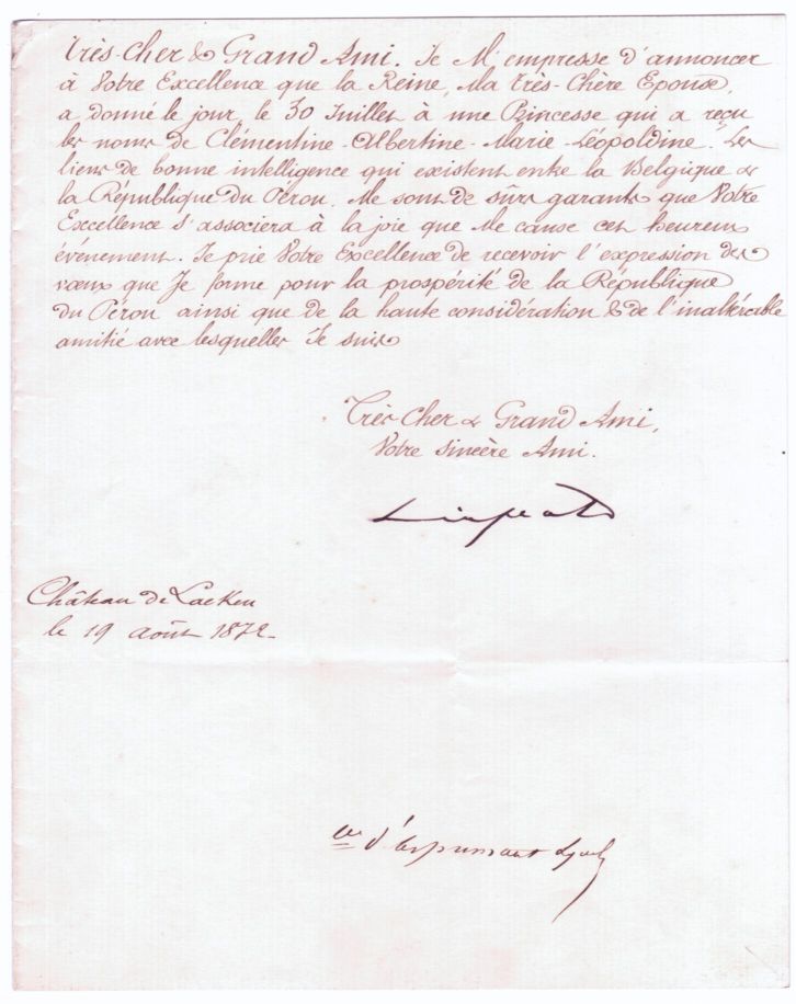 (1835-1909, from 1865 King of the Belgians, his backing of Sir H. M. STANLEY led to the founding of the Belgian Congo) — Sophie Dupré Autographs