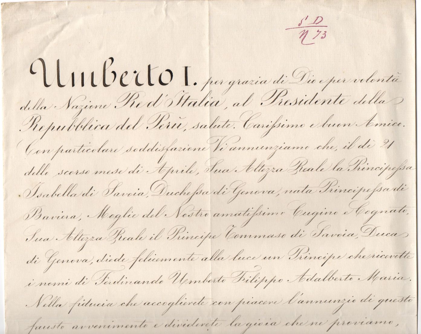 (1844-1900, from 1878 King of Italy) — Sophie Dupré Autographs