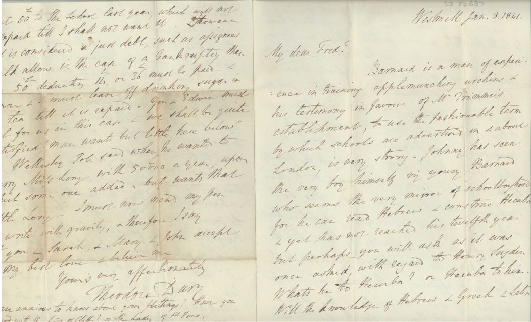 (Revd. Theodore, 1788-1850, Rector of Keighley, W. Yorkshire, 1825-1840, and of Westmill, Hertfordshire from 1840) — Sophie Dupré Autographs
