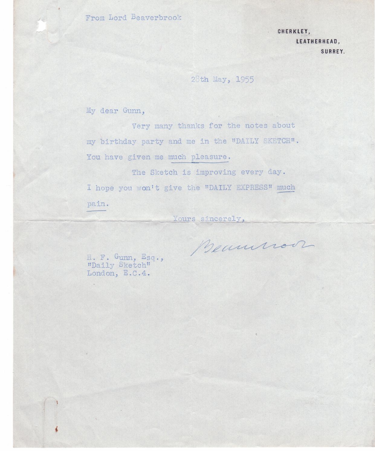 (Max Aitken, 1879-1964, Newspaper Proprietor & Statesman, from 1917 1st Baron) — Sophie Dupré Autographs