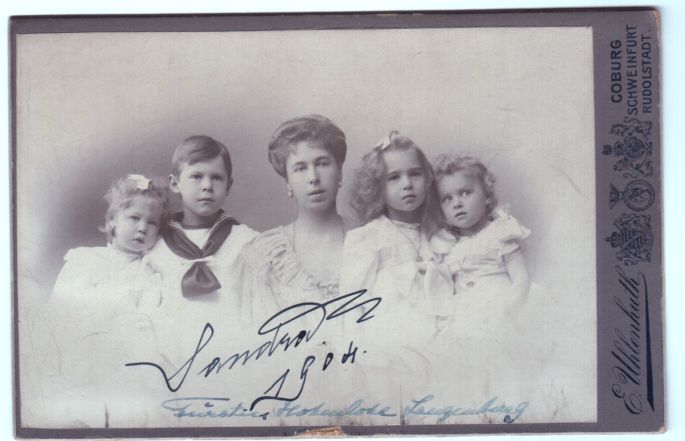 (of Saxe-Coburg, 1878-1942, daughter of Alfred Duke of Edinburgh, wife of Ernst, 7th Prince of Hohenlohe-Langenburg, 1863-1950) and her children Prince GOTTFRIED (1897-1960), Princess MARIA MELITA (1899-1967), Princess ALEXANDRA (1901-1963) and Princess IRMA (1902-1986) — Sophie Dupré Autographs