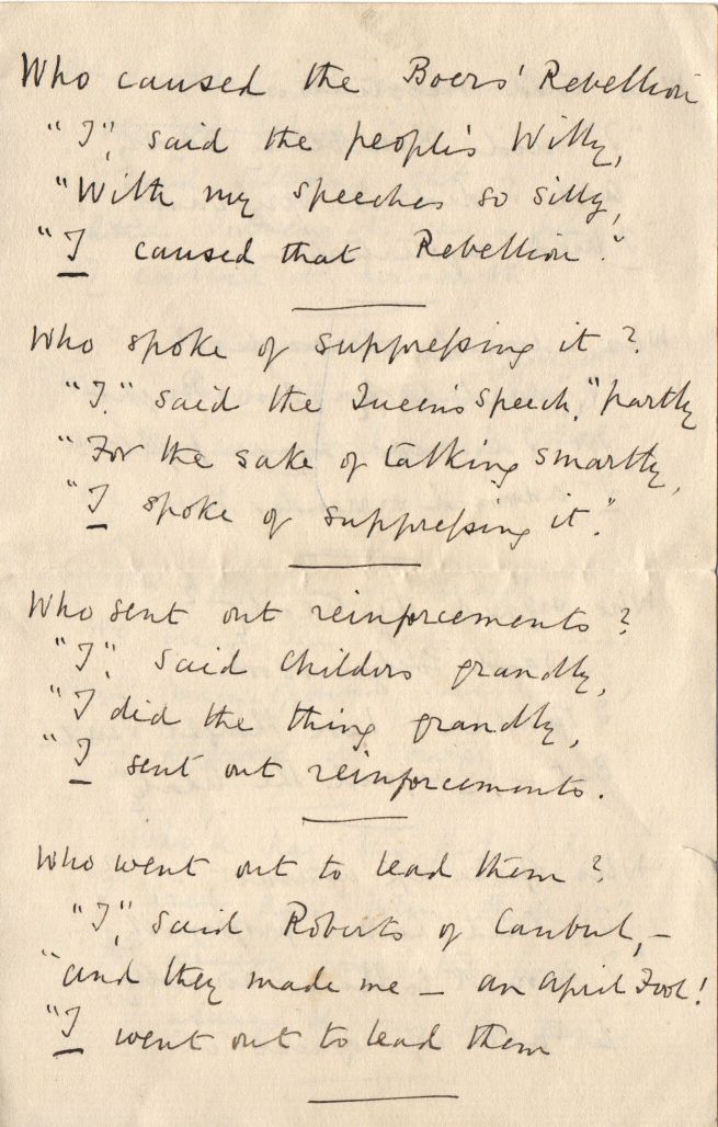 Wry humorous verses on the South African War, 1899-1902, unsigned, — Sophie Dupré Autographs