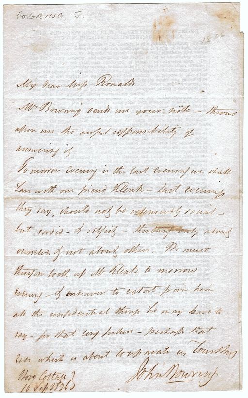 (Sir John, 1792-1872, M.P., F.R.S., Linguist, Governor and Ambassador, opened up trade with King Mongkut of Siam, favourite pupil of Jeremy Bentham) — Sophie Dupré Autographs