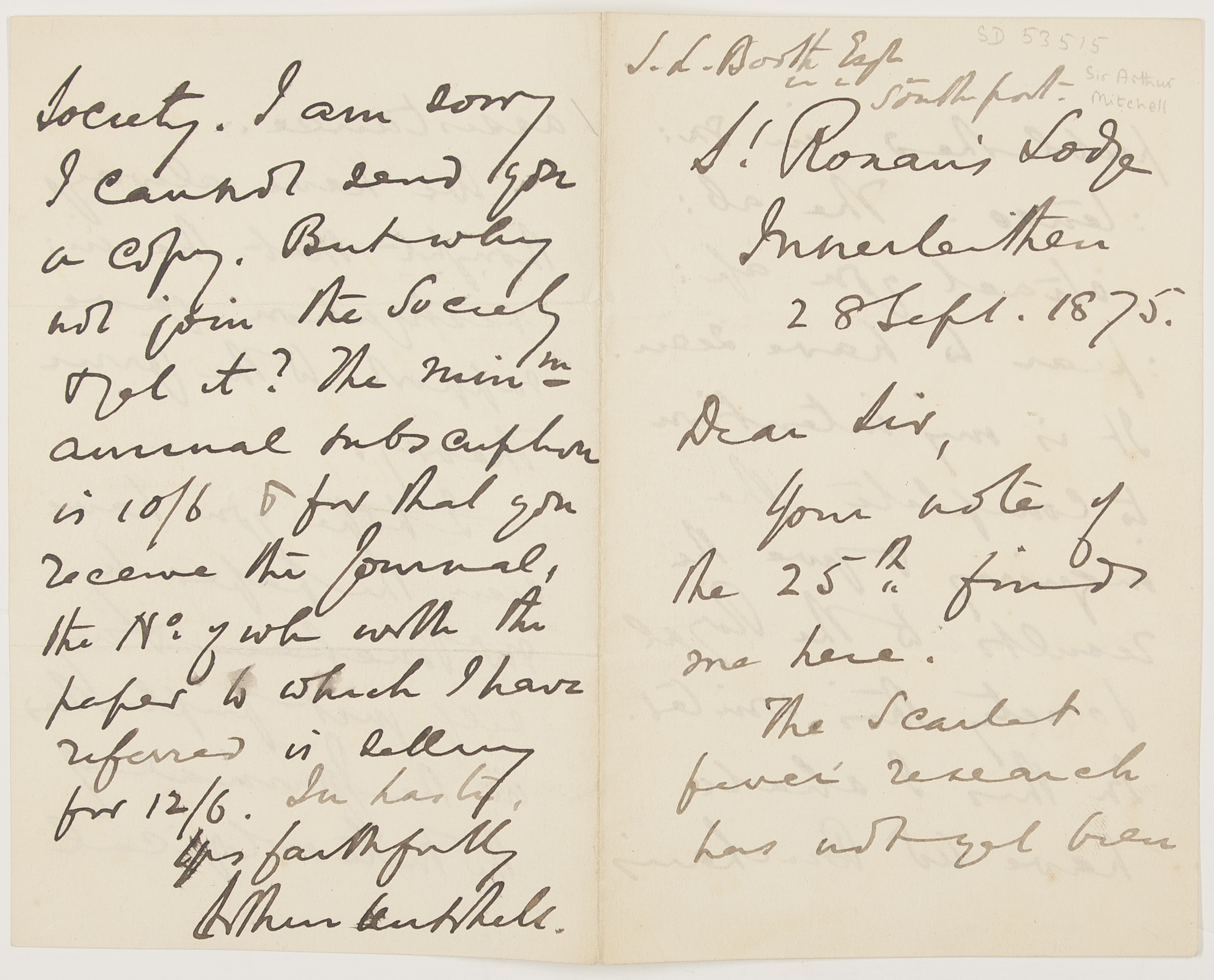 (Sir Arthur, 1826-1909, M.D., F.R.S.E., Scottish Deputy or Full Commissioner in Lunacy, 1857-1895, Antiquary) — Sophie Dupré Autographs
