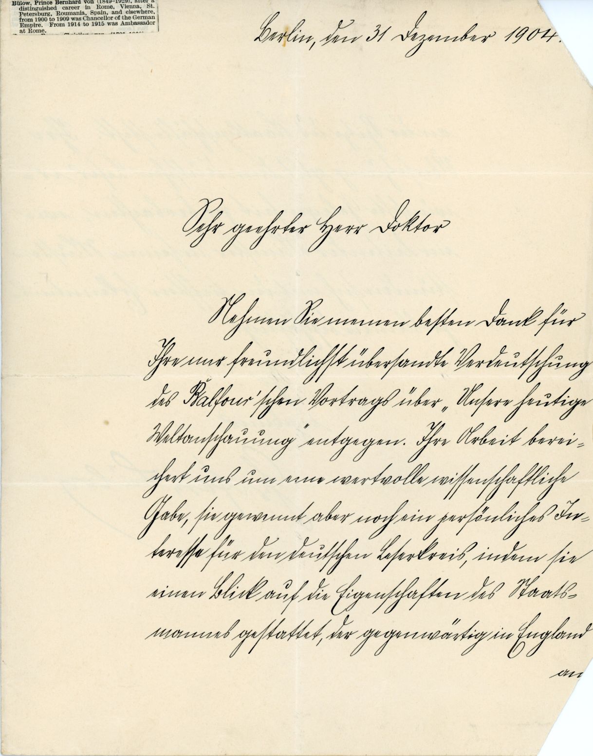 (Bernhard Heinrich von, 1849-1929, Chancellor of Germany, 1900-1909, from 1899 Count, from 1905 Prince) — Sophie Dupré Autographs