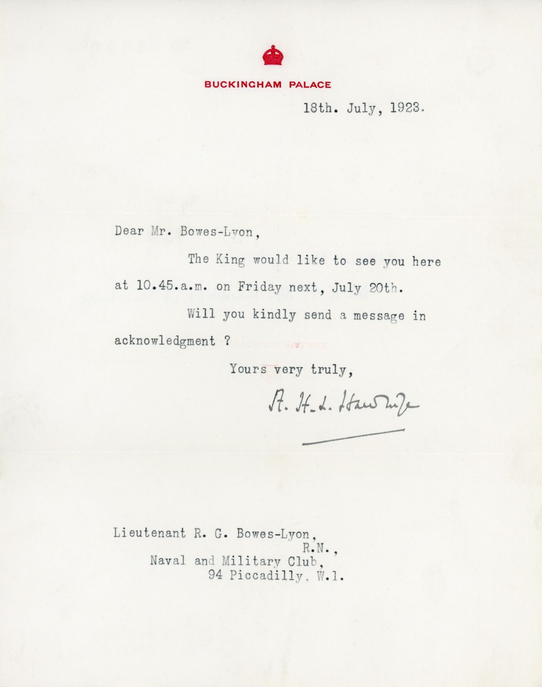 (Alexander Henry Louis, 1894-1960, son of the 1st Baron Hardinge of Penshurst, Private Secretary to Edward VIII during the Abdication Crisis) — Sophie Dupré Autographs