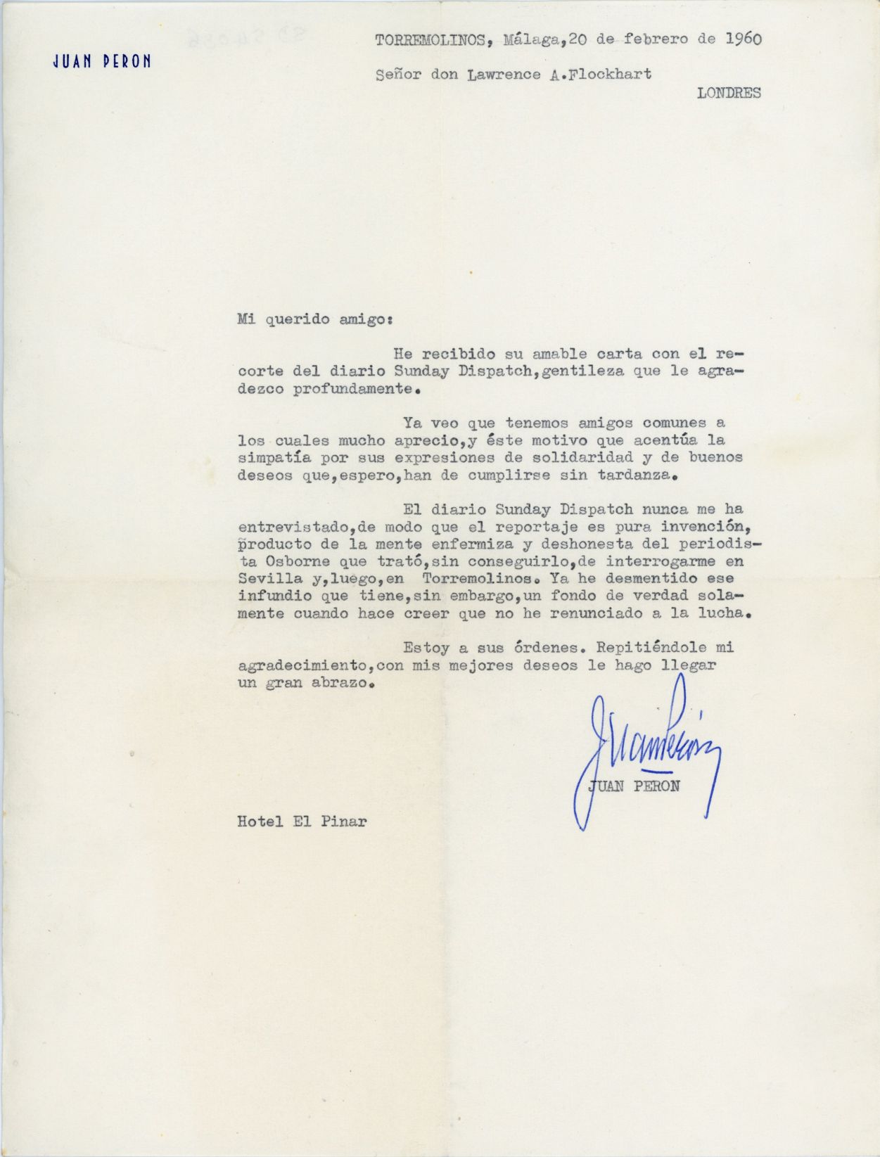 (Juan Domingo, 1895-1974, President of Argentina 1946-1955 and 1973-1974) — Sophie Dupré Autographs