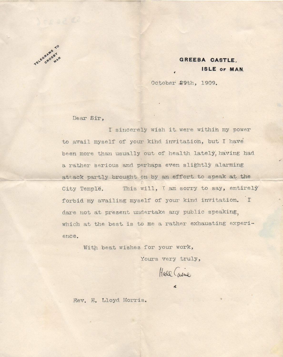(Sir Thomas Henry Hall, 1853-1931, Manx Novelist and Playwright) — Sophie Dupré Autographs