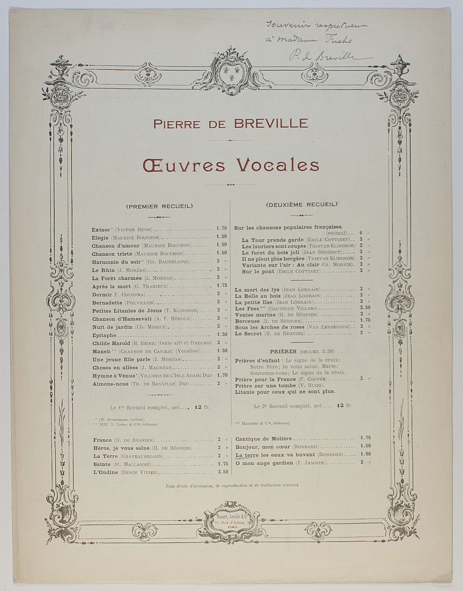 (Pierre de, 1861-1949, French Composer) — Sophie Dupré Autographs