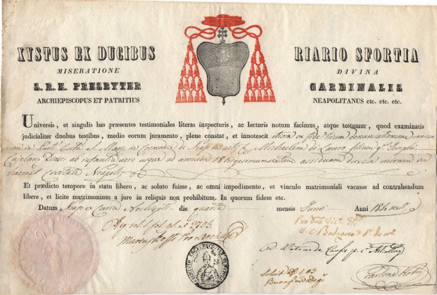 (Sisto, 1810-1877, Cardinal, from 1845 Archbishop of Naples)] — Sophie Dupré Autographs
