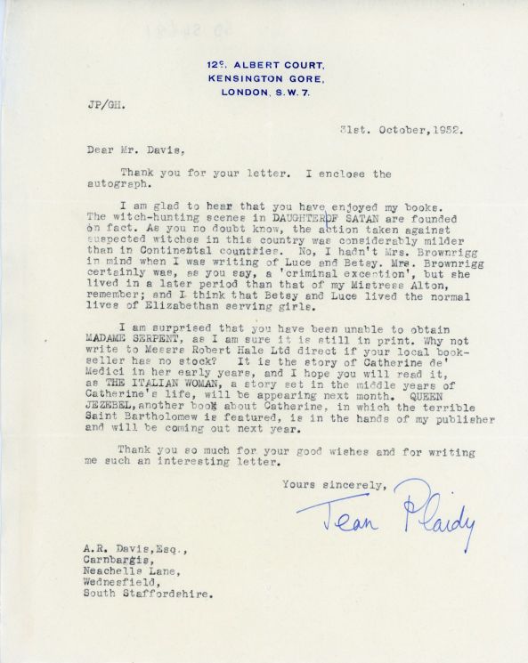 (Jean, 1906-1993, pseudonym of Eleanor Alice Hibbert, Novelist) — Sophie Dupré Autographs