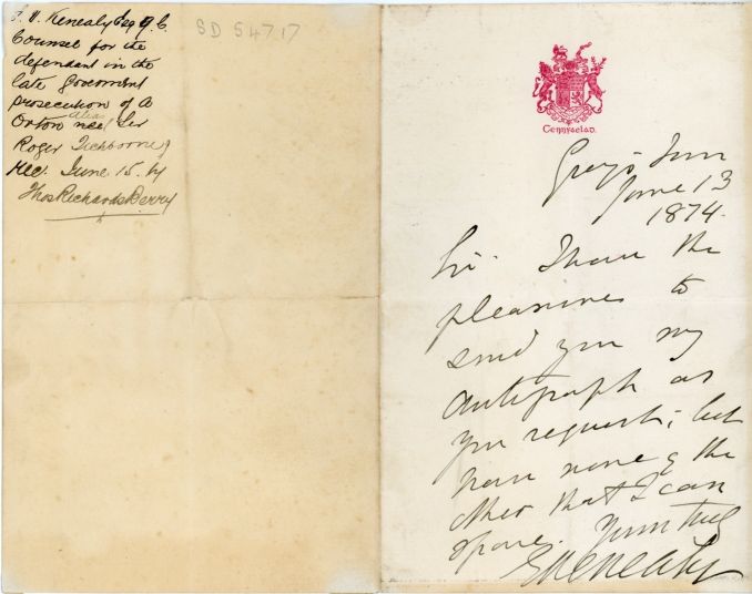 (Edward Vaughan Hyde, 1819-1880, Irish Barrister and Writer, defender of the Tichborne Claimant, M.P.) — Sophie Dupré Autographs
