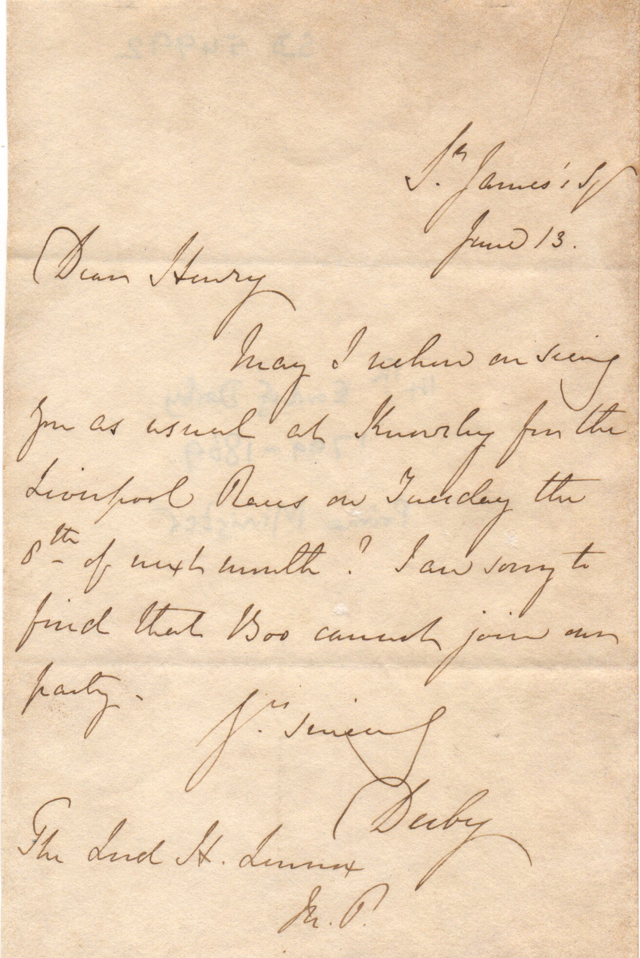 (14th Earl of, Edward George Stanley, 1799-1869, 3 times Prime Minister) — Sophie Dupré Autographs