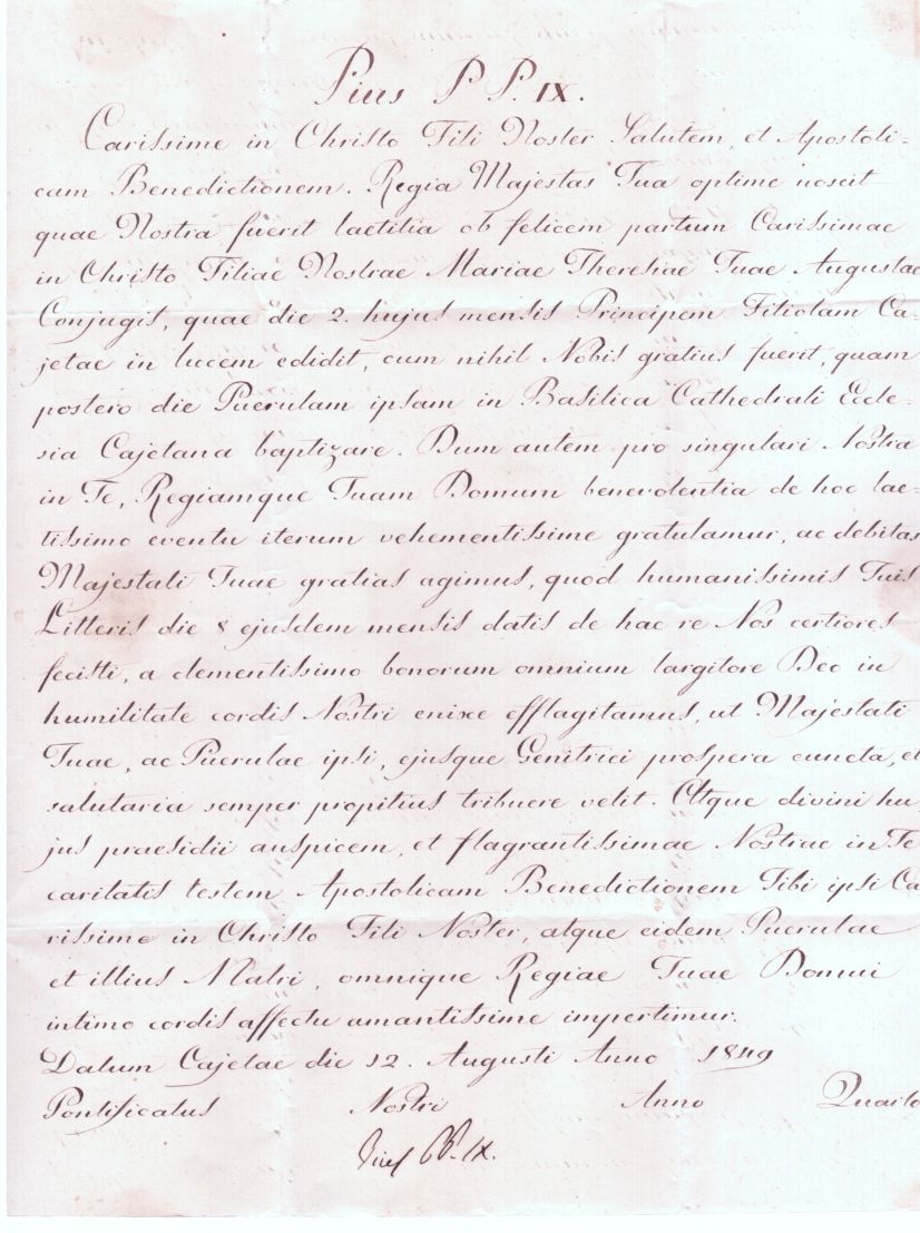 (Giovanni M. Mastai-Ferretti, 1792-1878, Pope from 1846 who proclaimed the Dogma of the Immaculate Conception and whose Vatican Council formulated the Dogma of Papal Infallibility) — Sophie Dupré Autographs
