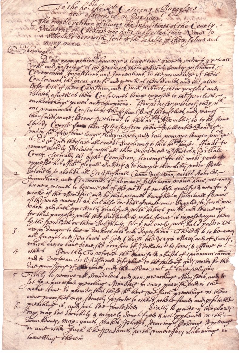Contemporary Unsigned Copy of the Petition of divers the Inhabitants of the County Palatine of Chester — Sophie Dupré Autographs