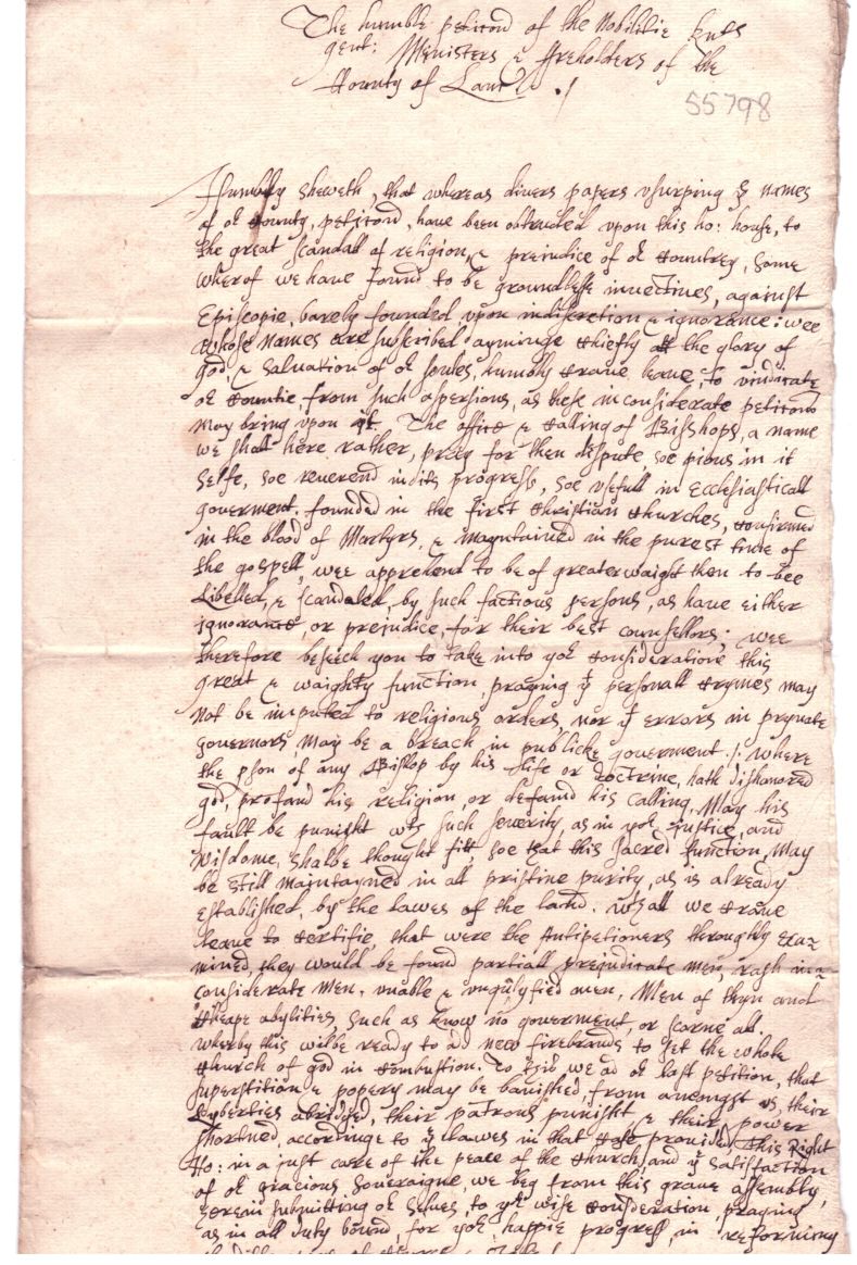 Contemporary Unsigned Copy of the Petition of the Nobility Knights Gentry Ministers & Freeholders of the County of Lancaster — Sophie Dupré Autographs