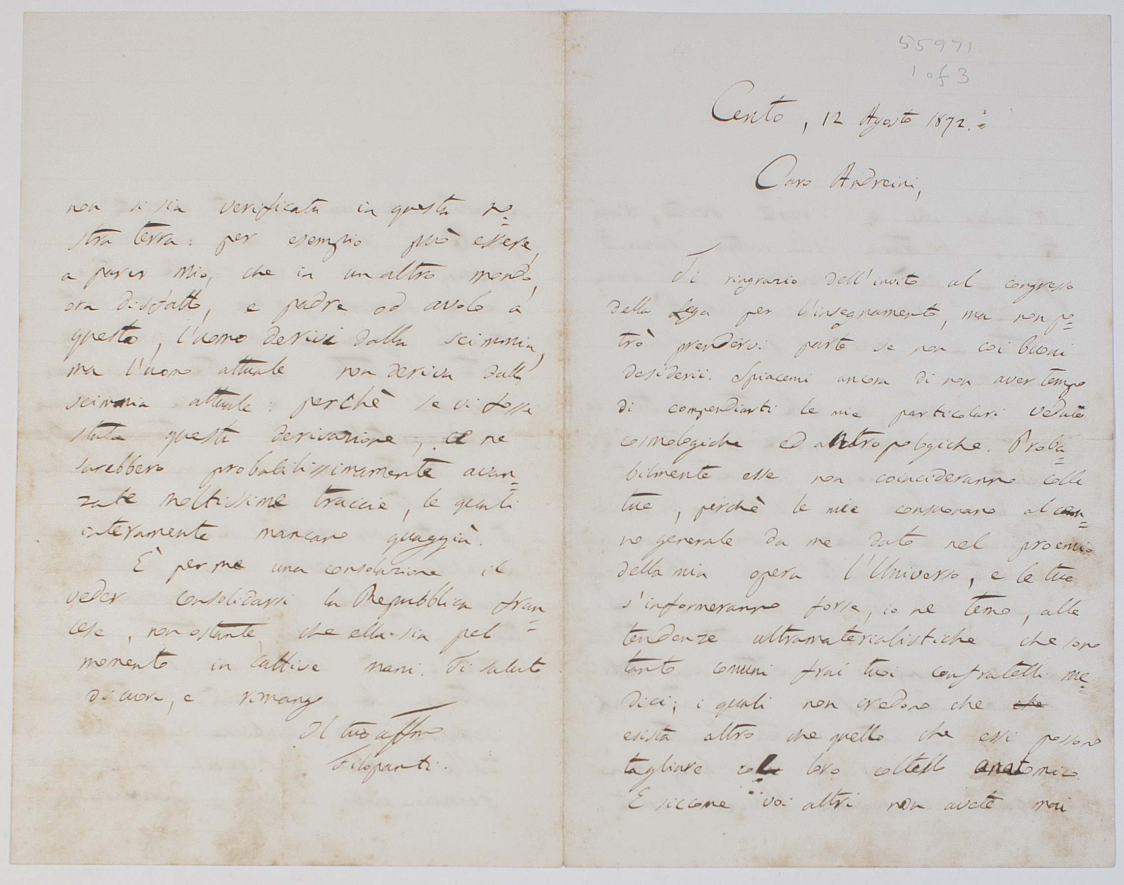 (Giuseppe, 1812-1894, 'Quirico Filopanti') — Sophie Dupré Autographs