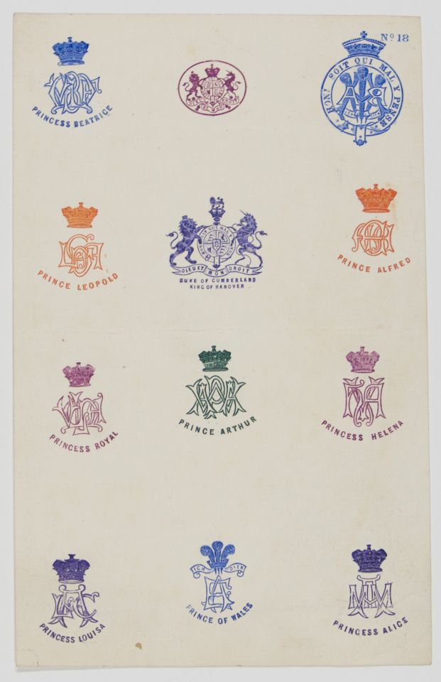 Printed Specimen Sheet of 12 Embossed Monograms in Colour, — Sophie Dupré Autographs