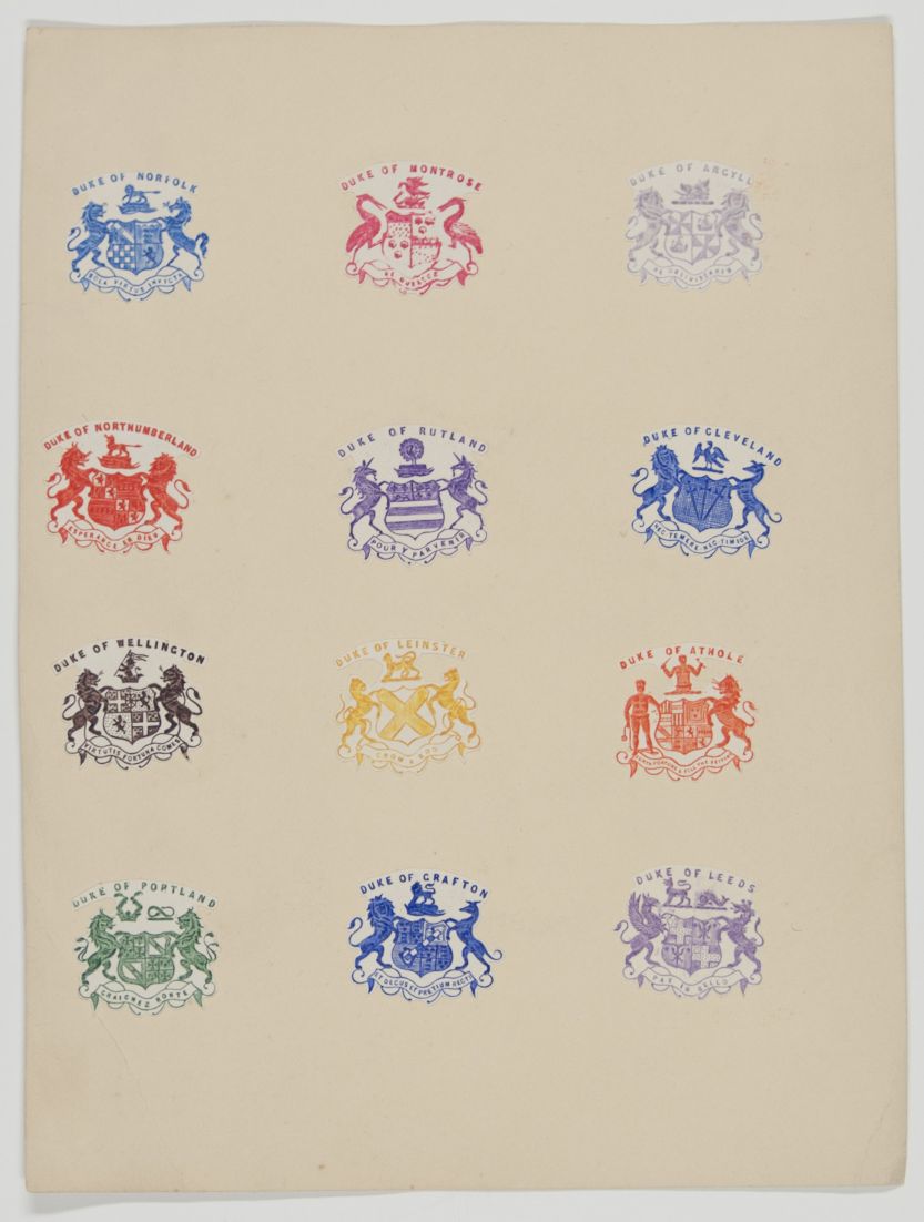 Printed Specimen Sheet of 24 Embossed Coats of Arms, — Sophie Dupré Autographs