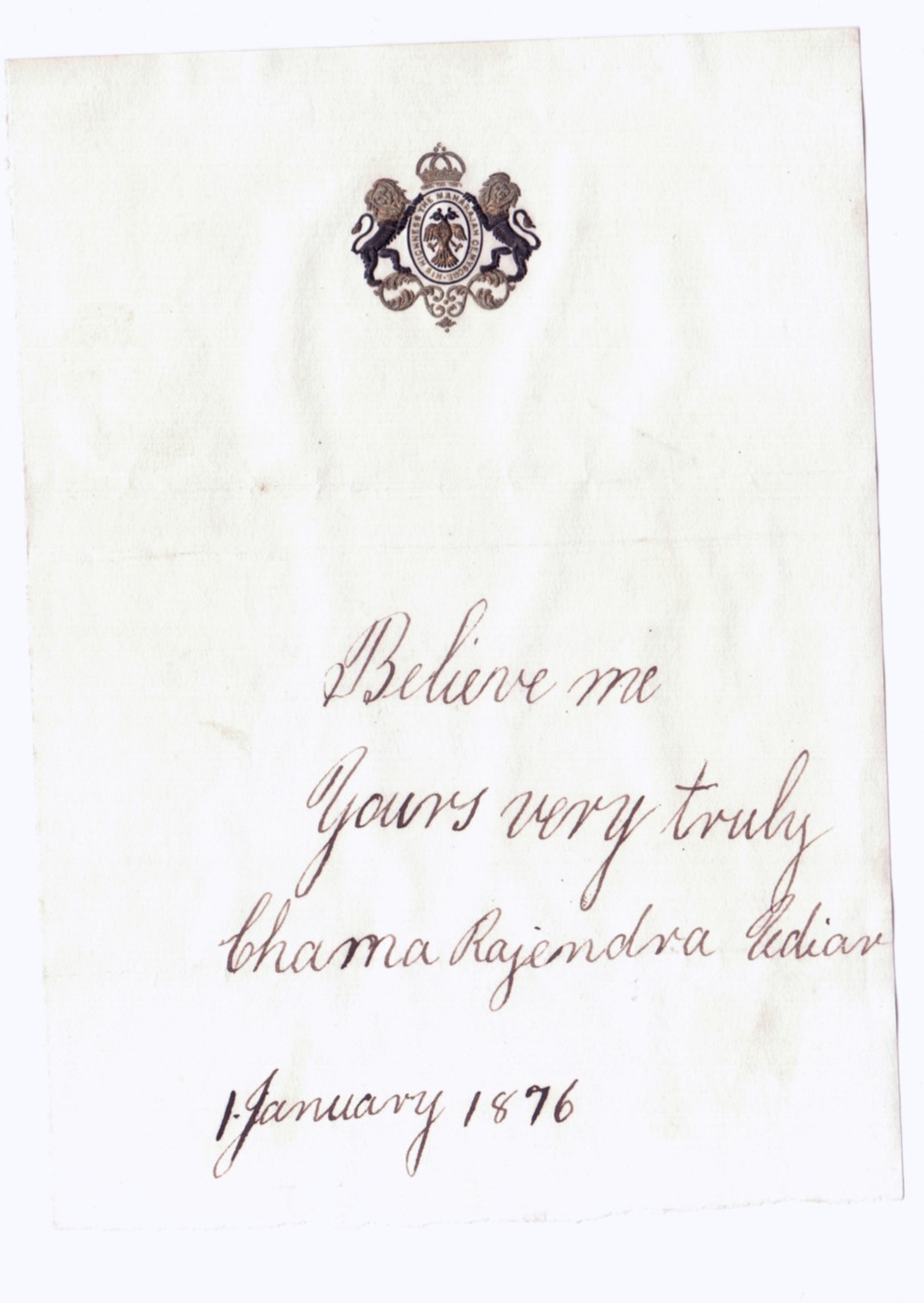 (Sir Shri Chamarajendra Wadiar X, 1863-1894, from 1868 Ruling Maharajah of) — Sophie Dupré Autographs