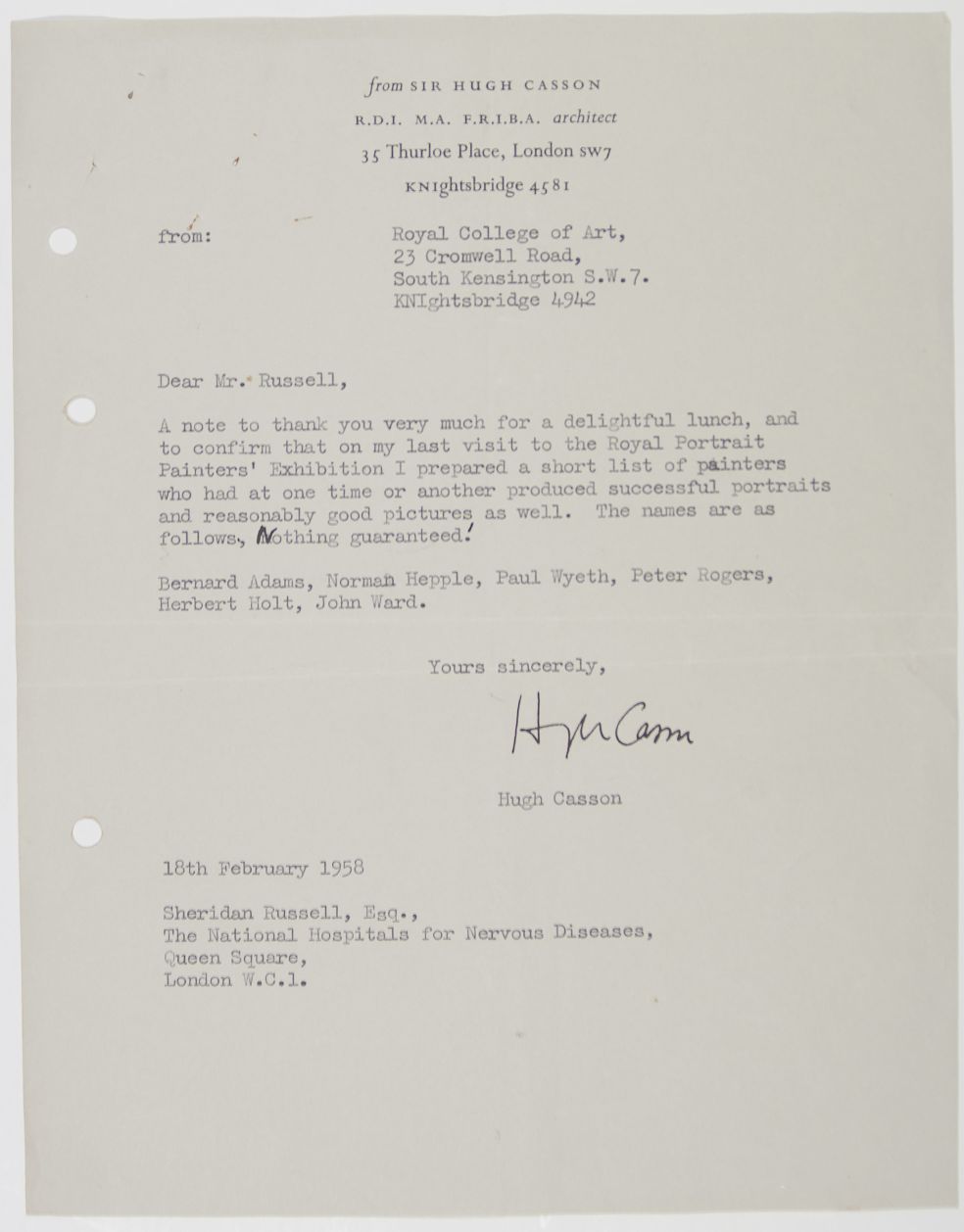 (Sir Hugh, 1910-1999, Architect and Artist, President of the Royal Academy) — Sophie Dupré Autographs