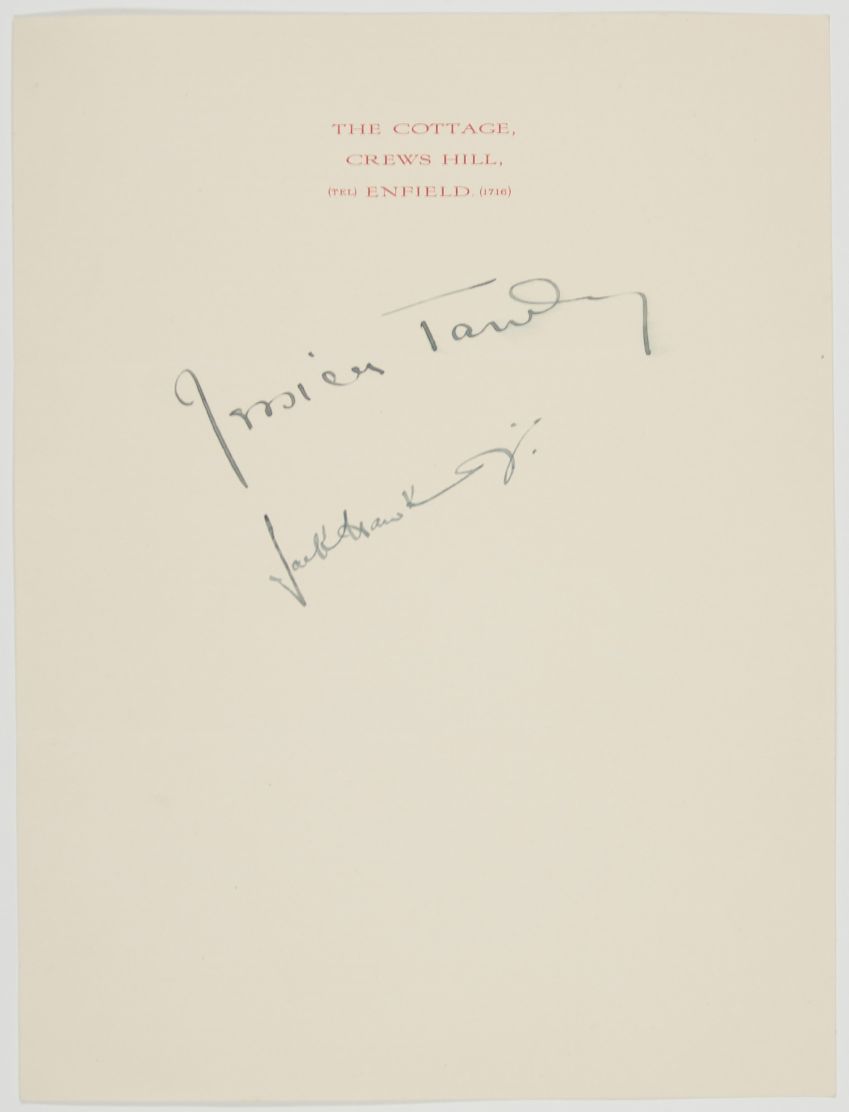 (Jessica, 1909-1994, English-born American Actress) and her first husband Jack HAWKINS, 1910-1973, Actor) — Sophie Dupré Autographs