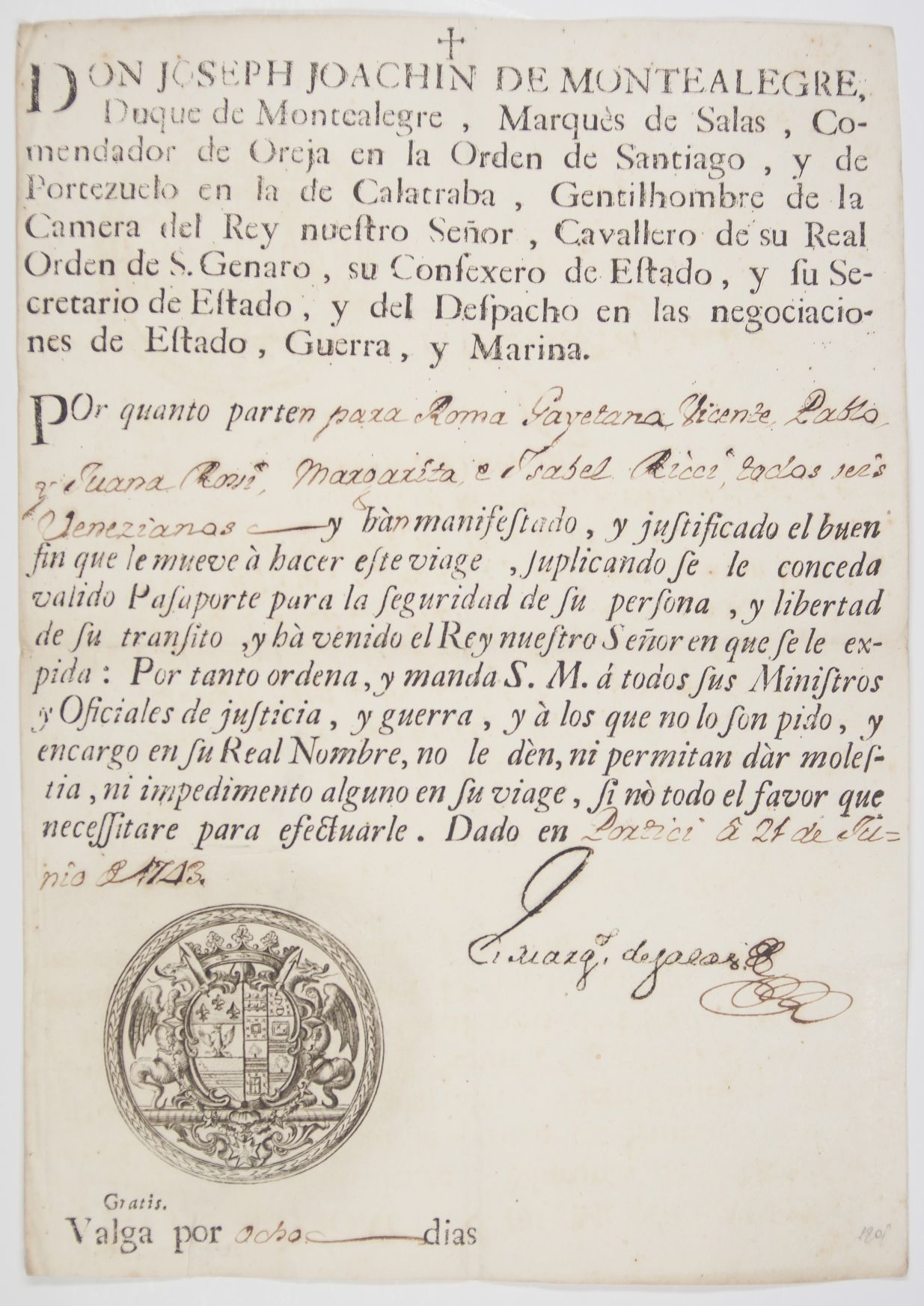 (José Joaquín de Montealegre, 1698-1771, Marqués de Salas, Secretary of State at Naples, 1738-1746, from 1740 Duque de Montealegre, from 1749 Ambassador to the Republic of Venice) — Sophie Dupré Autographs