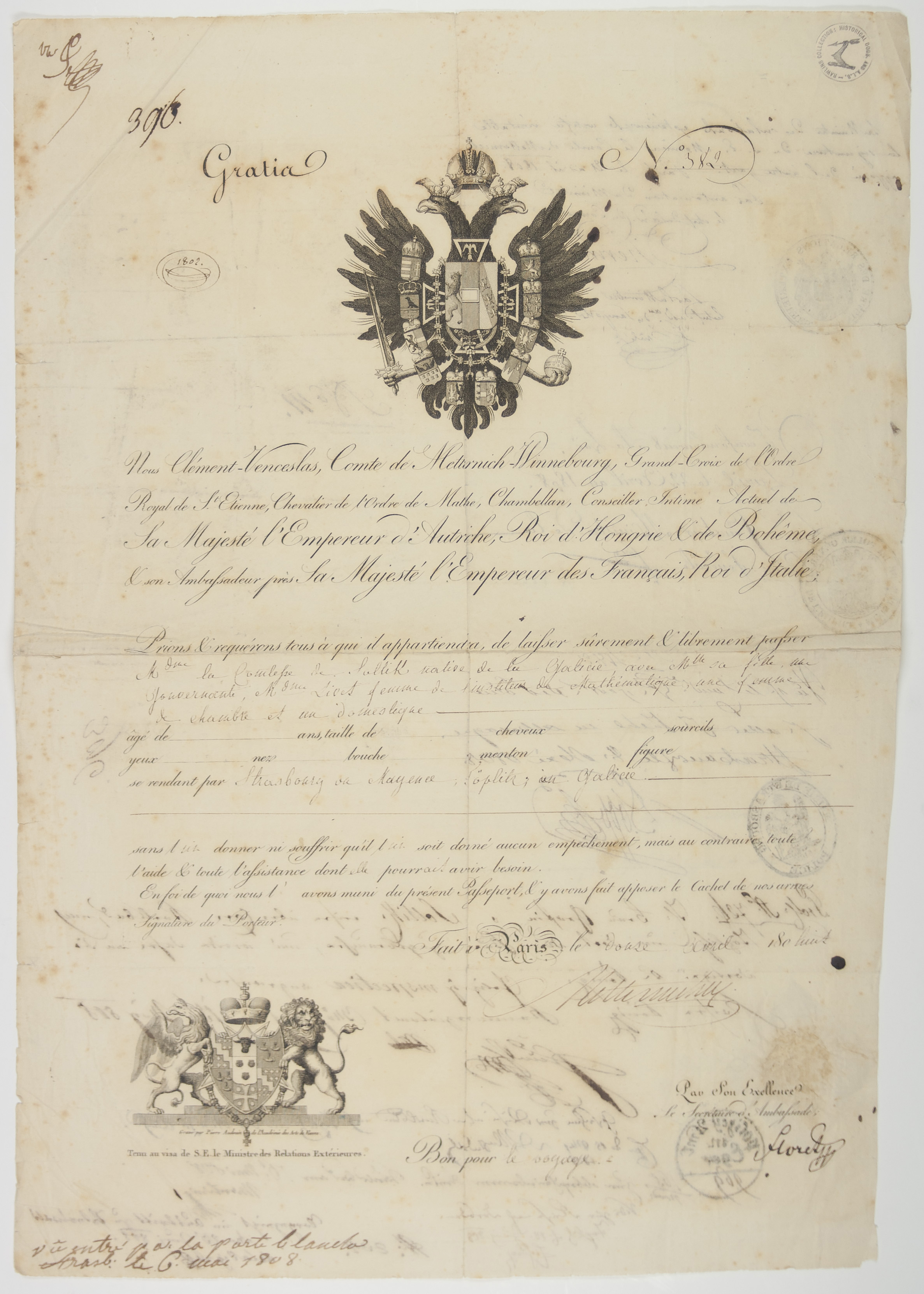 (Prince Klemens, 1773-1859, Austrian Statesman, guiding force at the Congress of Vienna, 1814-1815) — Sophie Dupré Autographs