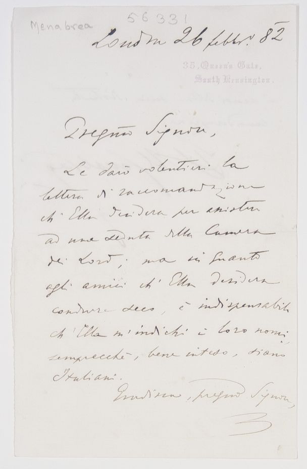 (Count Federico Luigi, 1809-1896, Italian General and Mathematician, Prime Minister of Italy in the Florence Government, 1867-1869, Ambassador to London, February 1873 - December 1882) — Sophie Dupré Autographs