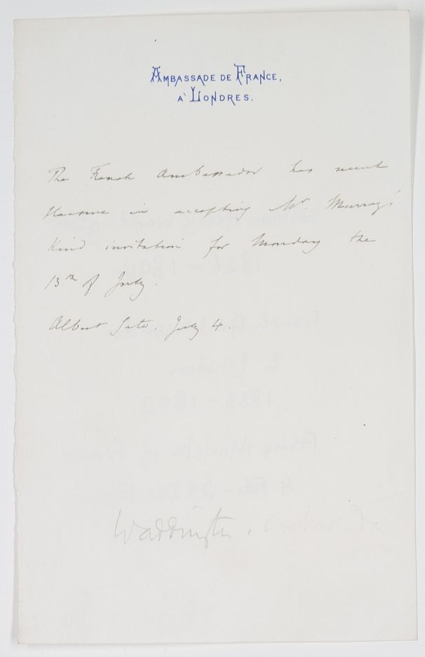 (William Henry, 1826-1894, Prime Minister of France, 4th February - 28th December 1879, French Ambassador to London, 1883-1893) — Sophie Dupré Autographs