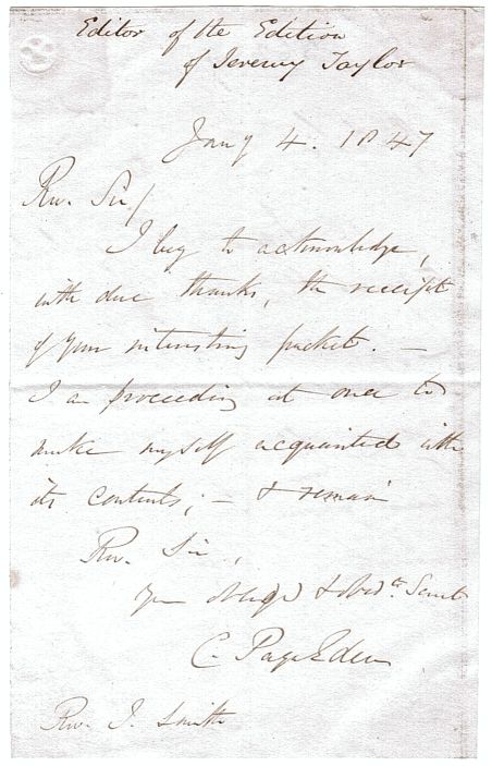 (Charles Page, 1807-1885, Vicar of St. Mary's, Oxford, 1843-1850, editor of Jeremy Taylor's Works, 1847-1854) — Sophie Dupré Autographs