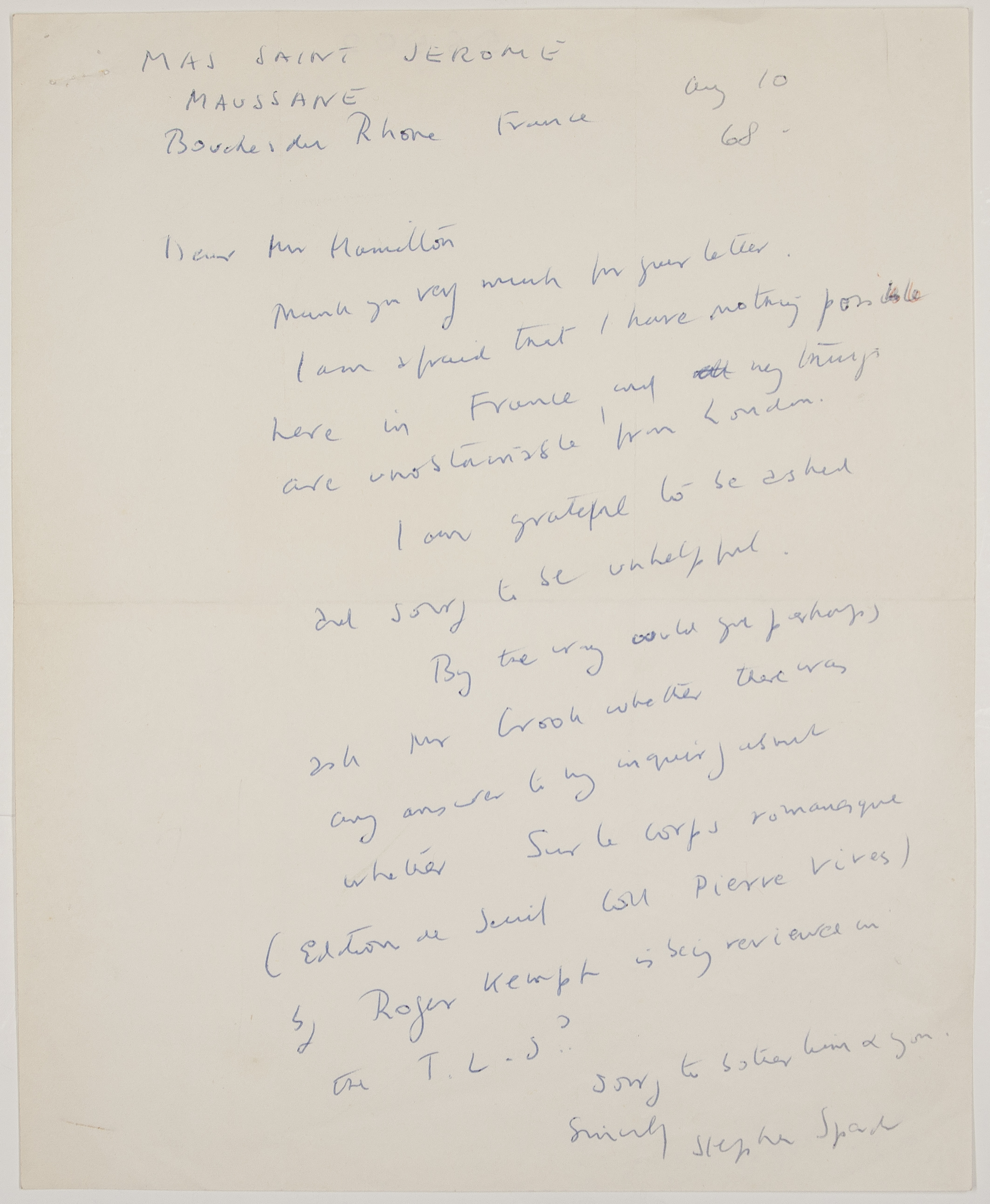 (Sir Stephen, 1909-1995, Poet & Critic) — Sophie Dupré Autographs