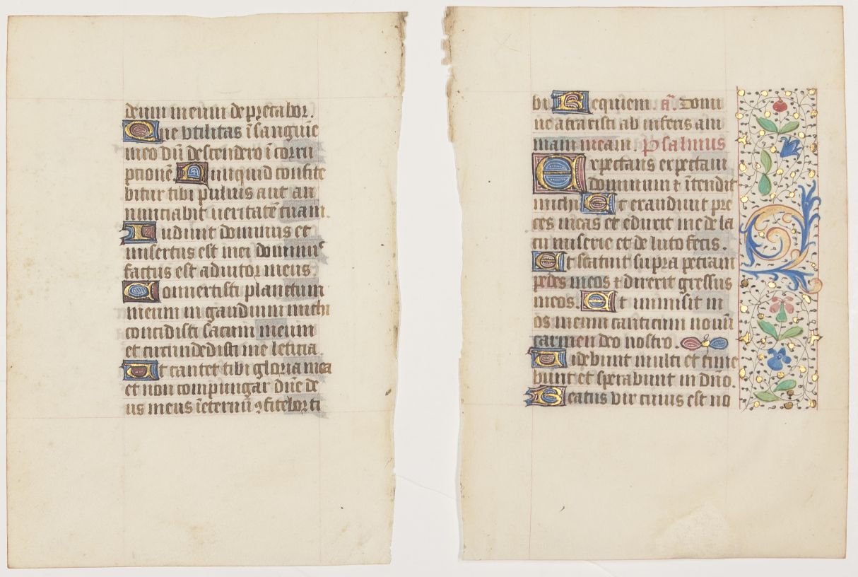Facing Pair of finely illuminated leaves from a Book of Hours in Latin, — Sophie Dupré Autographs