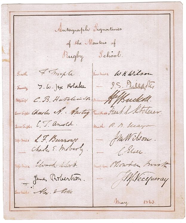 (Frederick, 1821-1902, Headmaster of Rugby 1857-1869, Archbishop of Canterbury, crowned Edward VII) and 18 other members of his staff at Rugby — Sophie Dupré Autographs