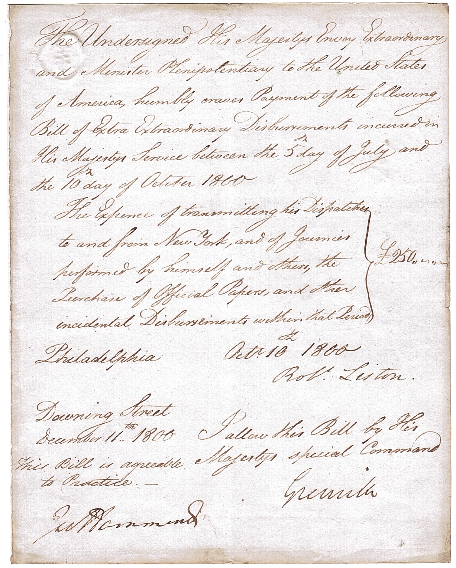 (1st Baron, William Wyndham, 1759-1834, Speaker 1789, Prime Minister 1806-1807, from 1790 1st Baron) and Sir Robert LISTON (1742-1836, Diplomat) — Sophie Dupré Autographs